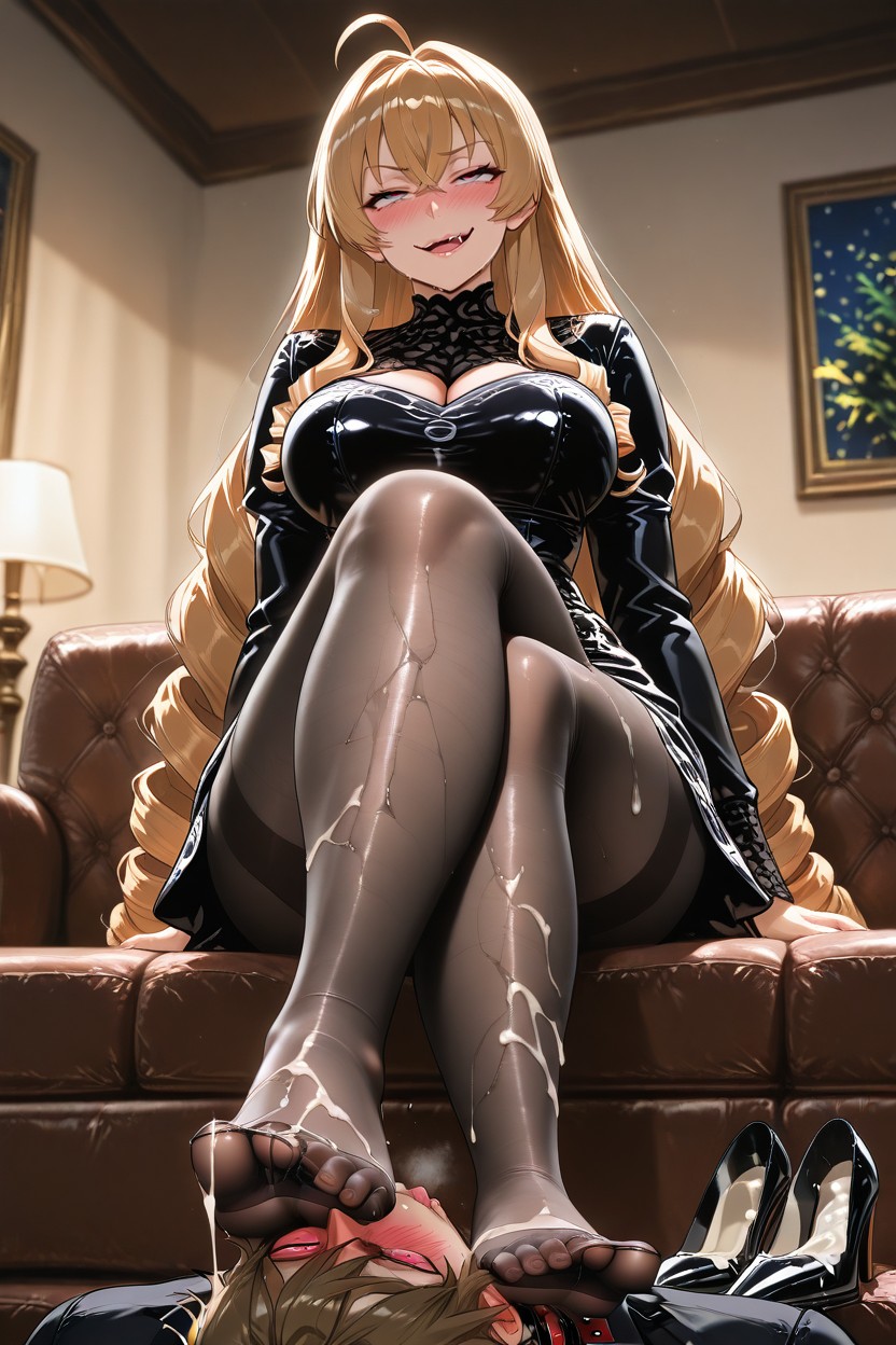 Blacl Stockings, White Toenails, Sitting On Brown Couch Hentai AI Porn