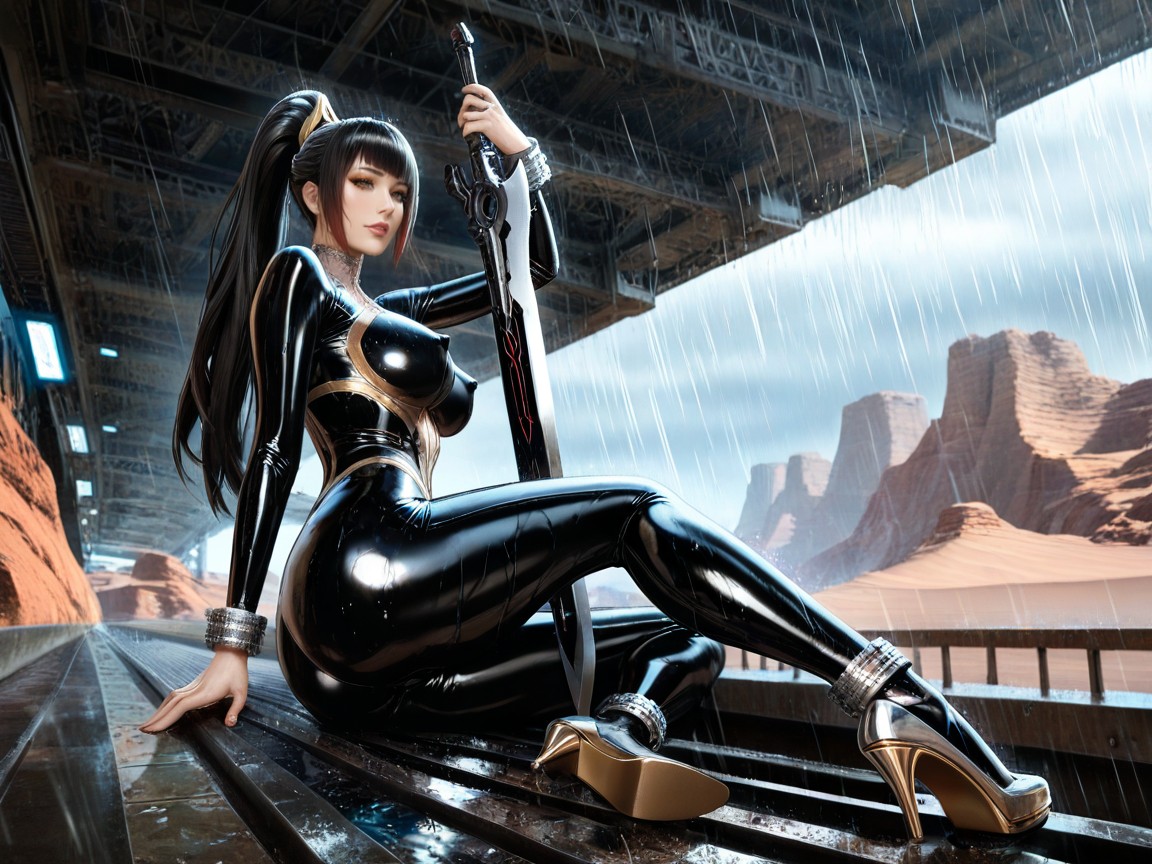 In Heat, Eve From Stellar Blade, Futuristic Ornate Steel Spine From Neck To Tailbone Hentai AI Porn