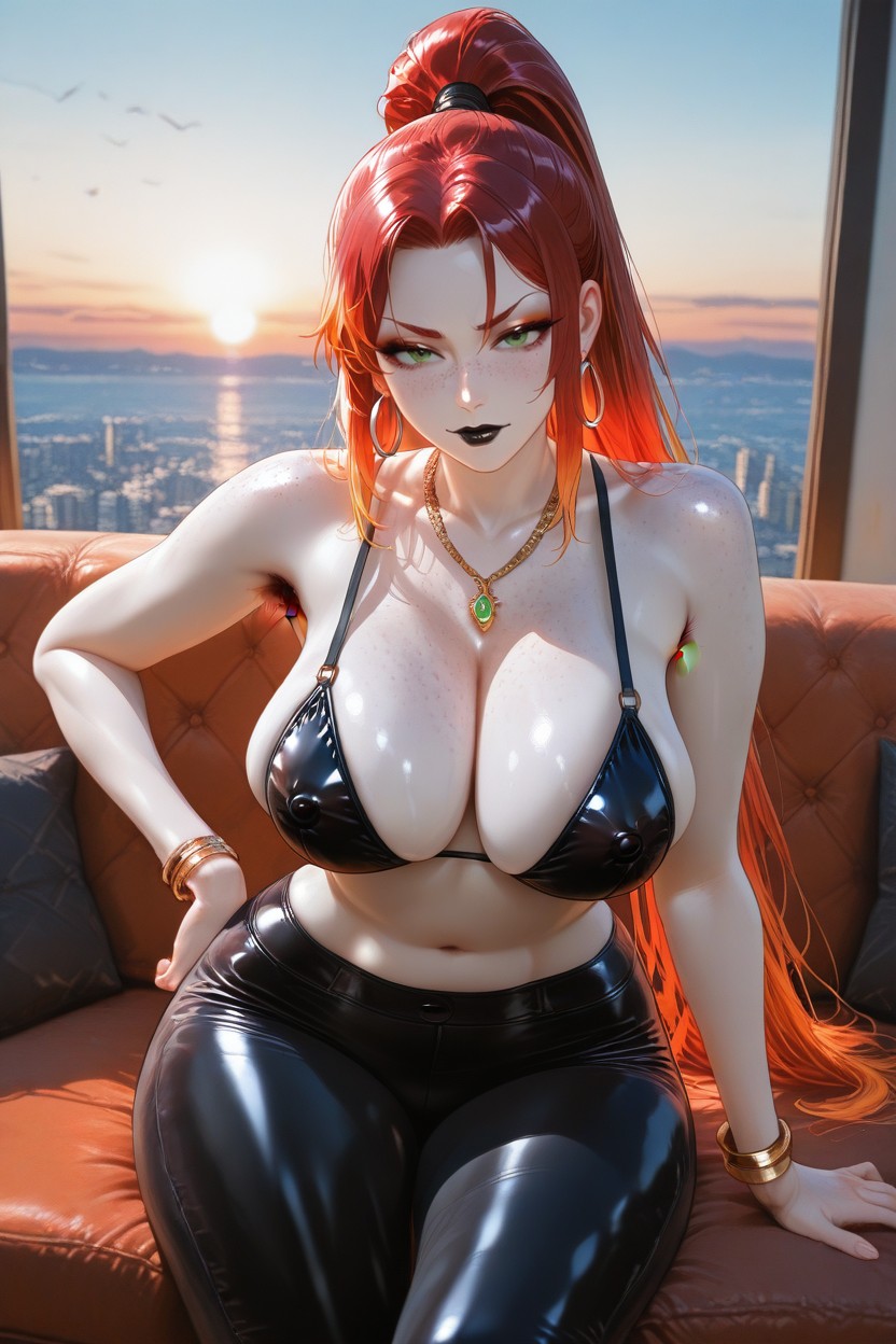 Hourglass, Perfect Natural Medium Breasts, And Tight Black Leather Leggings Pants Hentai AI Porn