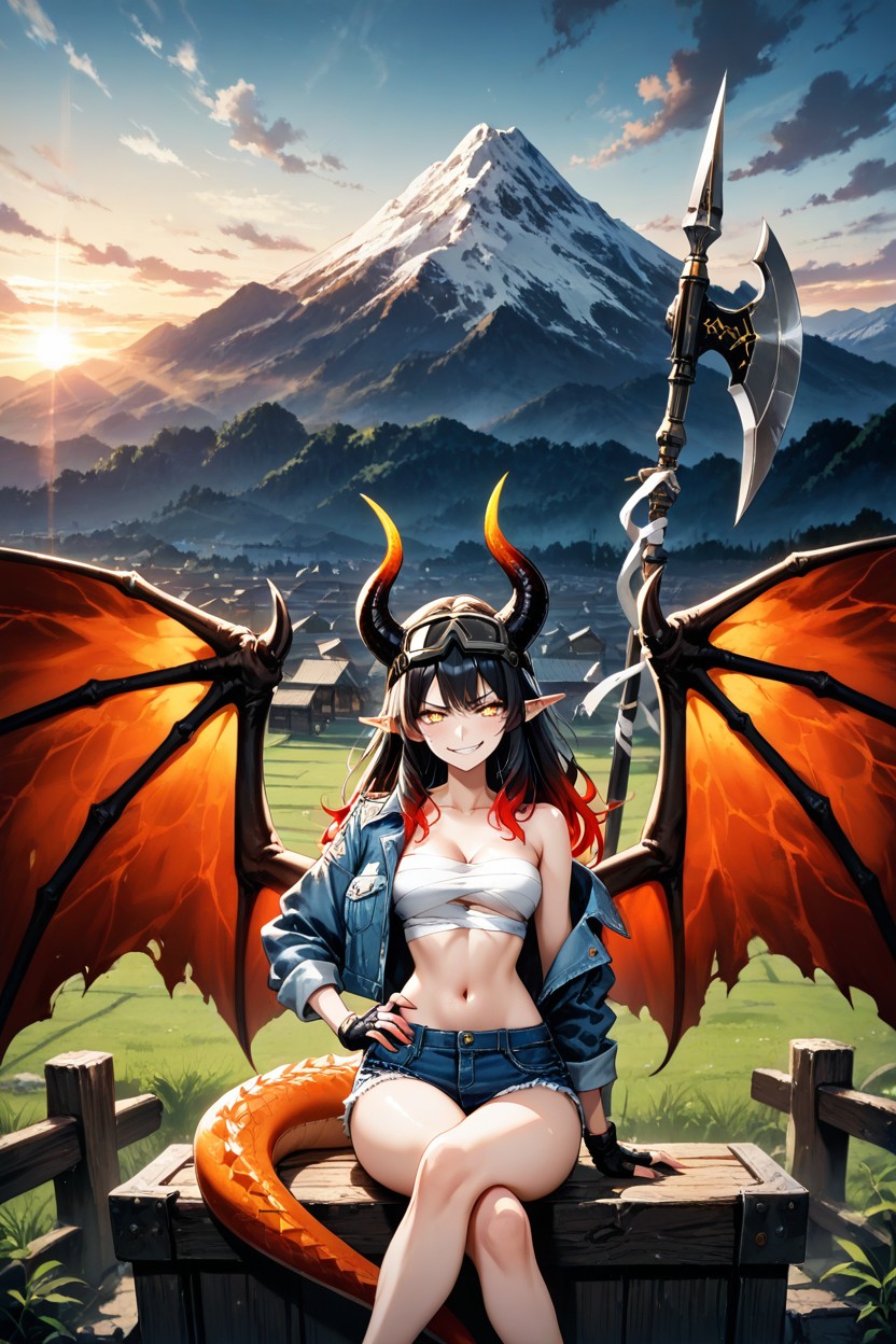 Small Ass, Pointed Elf-like Ears, Orange Scales With Yellow And Red Highlights On Knees Hentai AI Porn