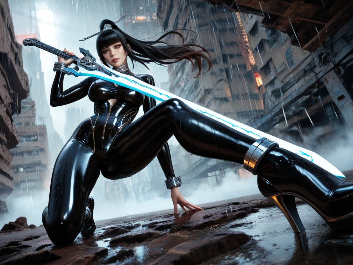 On A Metal Bridge, Gigantic Futuristic Grey Steel Hair Ornament, Front Bangs Hentai AI Porn