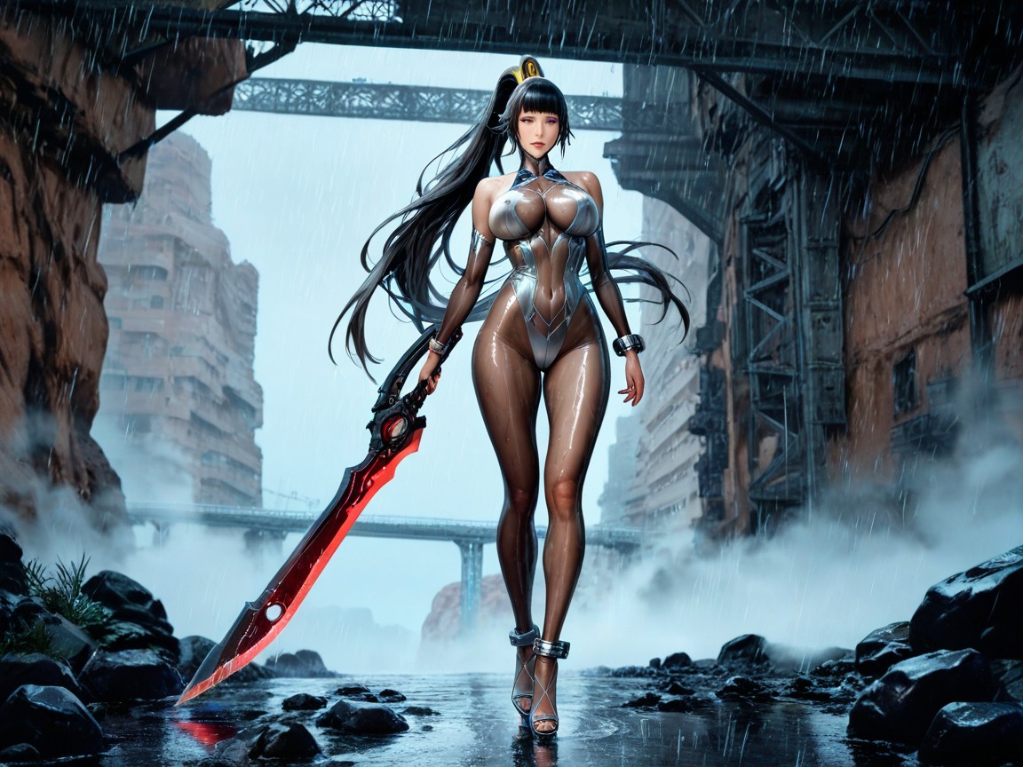 Full Body Ornate Grey Metallic Trim Lines And Seam Lines, Wet Clothes, Ultra Quality Hentai AI Porn