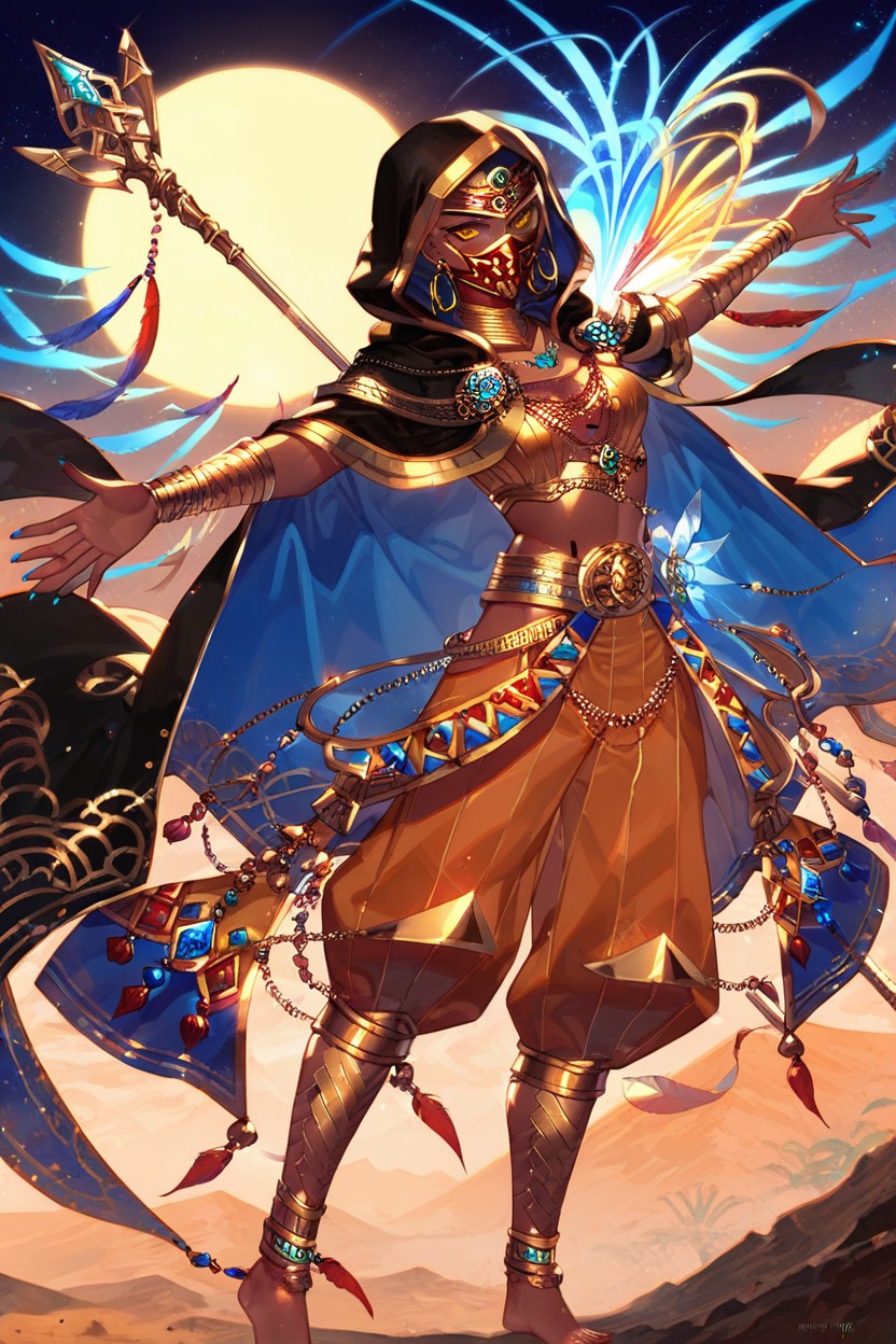 Three-quarter Pose, Deep Blue And Gold Accents, Desert Caravan Traveler Woman Hentai AI Porn
