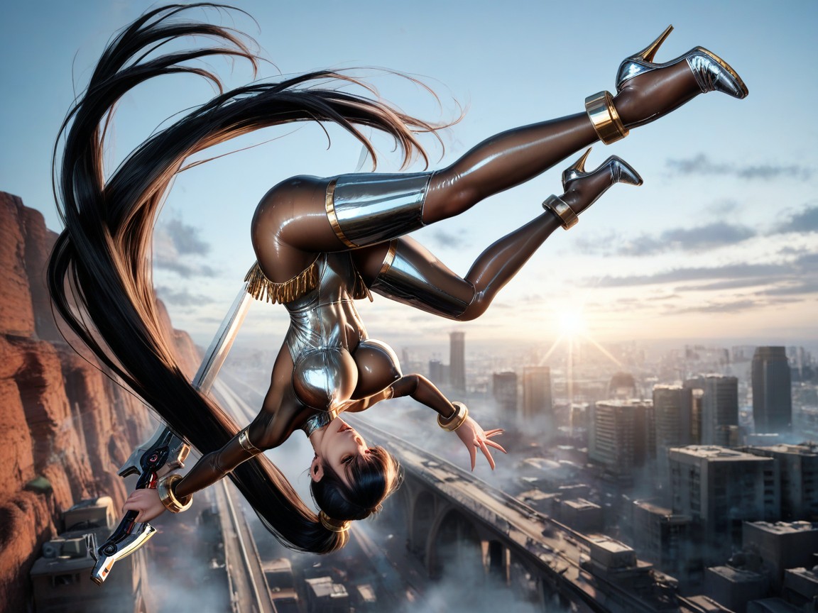 Falling Through The Air Upside Down, Very Long Straight High Ponytail, Emotional Storytelling Composition Hentai AI Porn