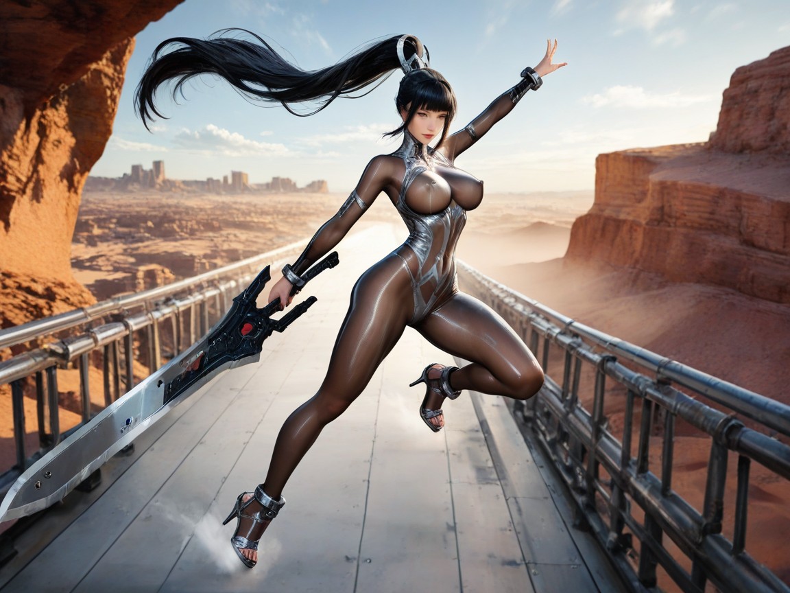 Sliding On A Suspended Metal Bridge, Ultra Quality, Athletic Body Hentai AI Porn
