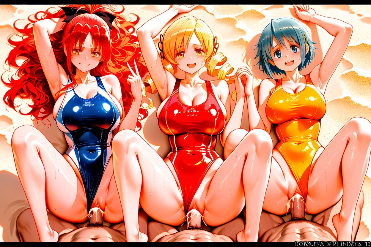 On A Beach, Red Swimsuit, One-piece Swimsuit Hentai AI Porn