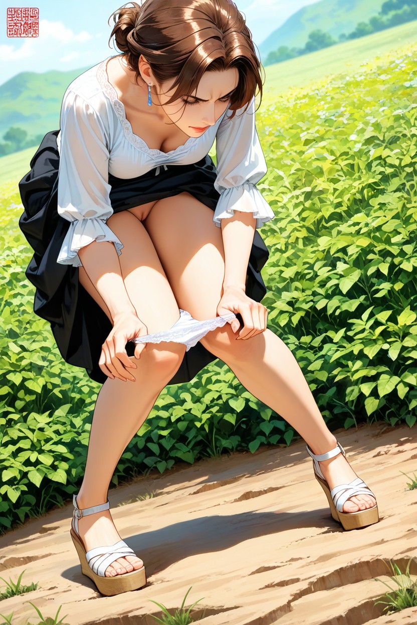 Small Breasts, Lifting Black Midi-skirt Above Panties, In Bushes Hentai AI Porn