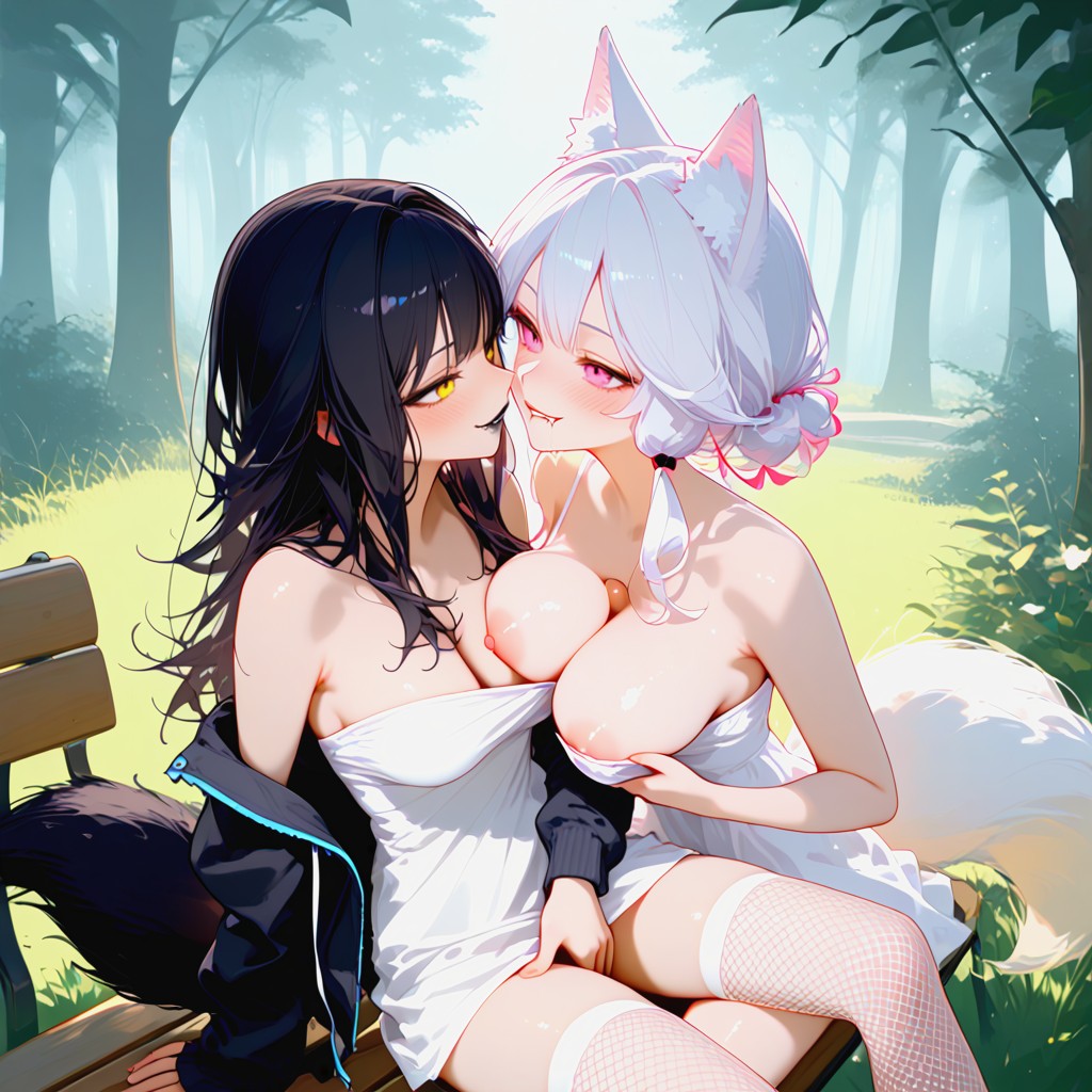 White Fox Tail, Two Women, One With Black Fox Ears Hentai AI Porn