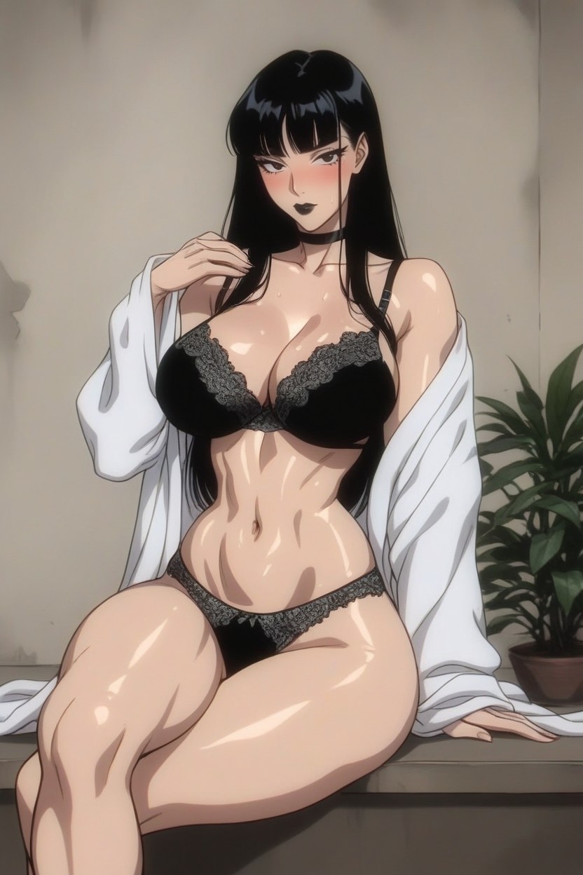 Black Choker, Blush, Sitting Hentai AI Porn