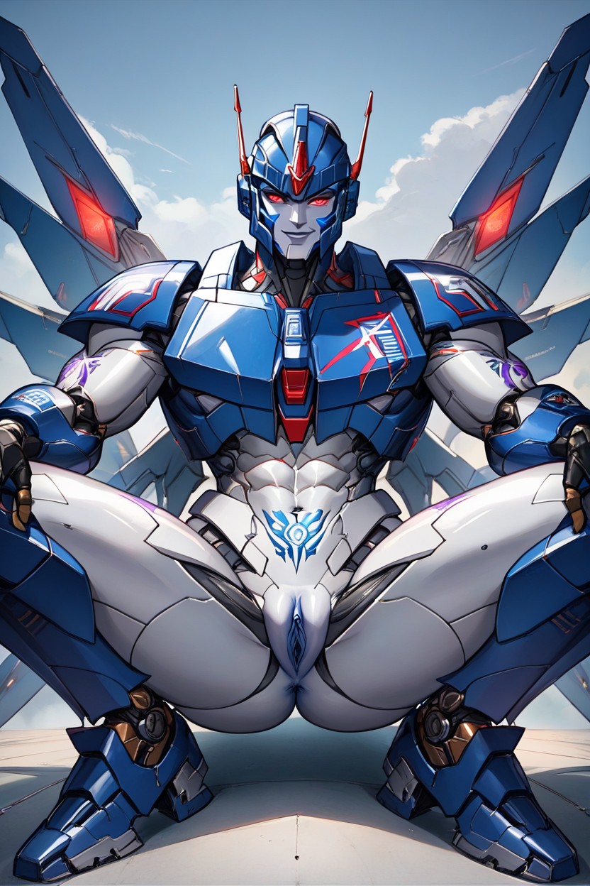 Giant Robot, Black Helmet, Piercing Red Eyes; Red Sci-fi Suit Hentai AI Porn