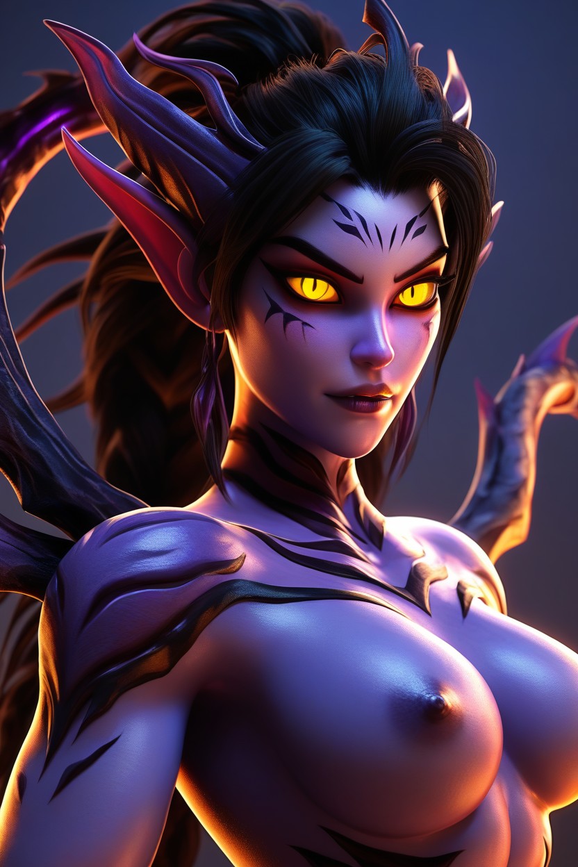 Arched Dark Eyebrows, Sleek Black Hair Pulled Back, Surreal Toon X Hentai AI Porn