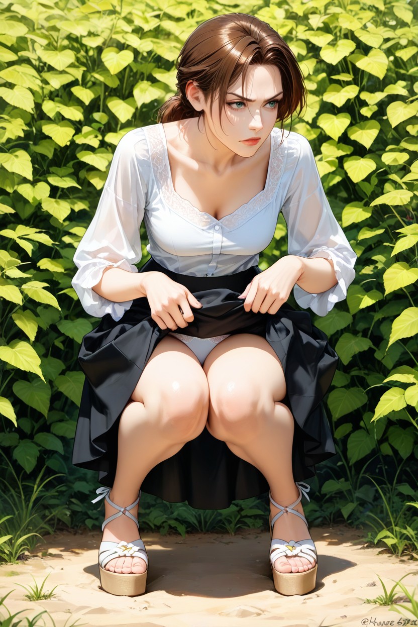 The Gets Up, White Blouse, Hurry To Lift Skirt Hentai AI Porn