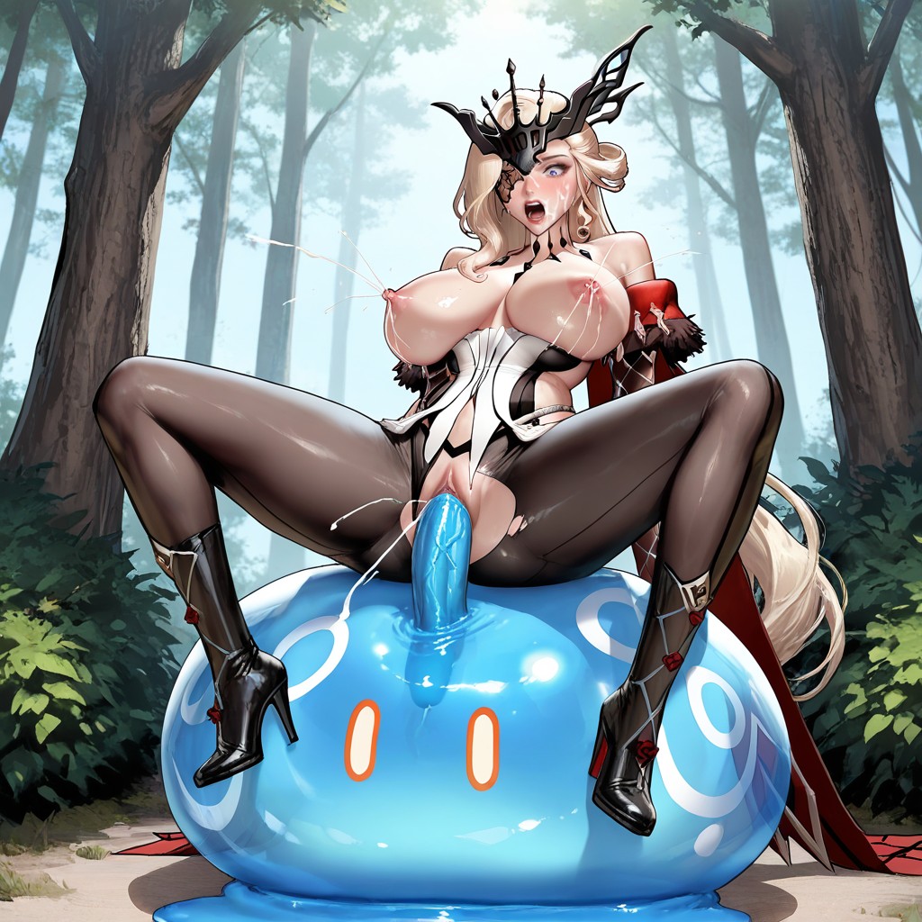 Sitting On Slime Ball, Skinny, Detailed Beautiful Face Hentai AI Porn