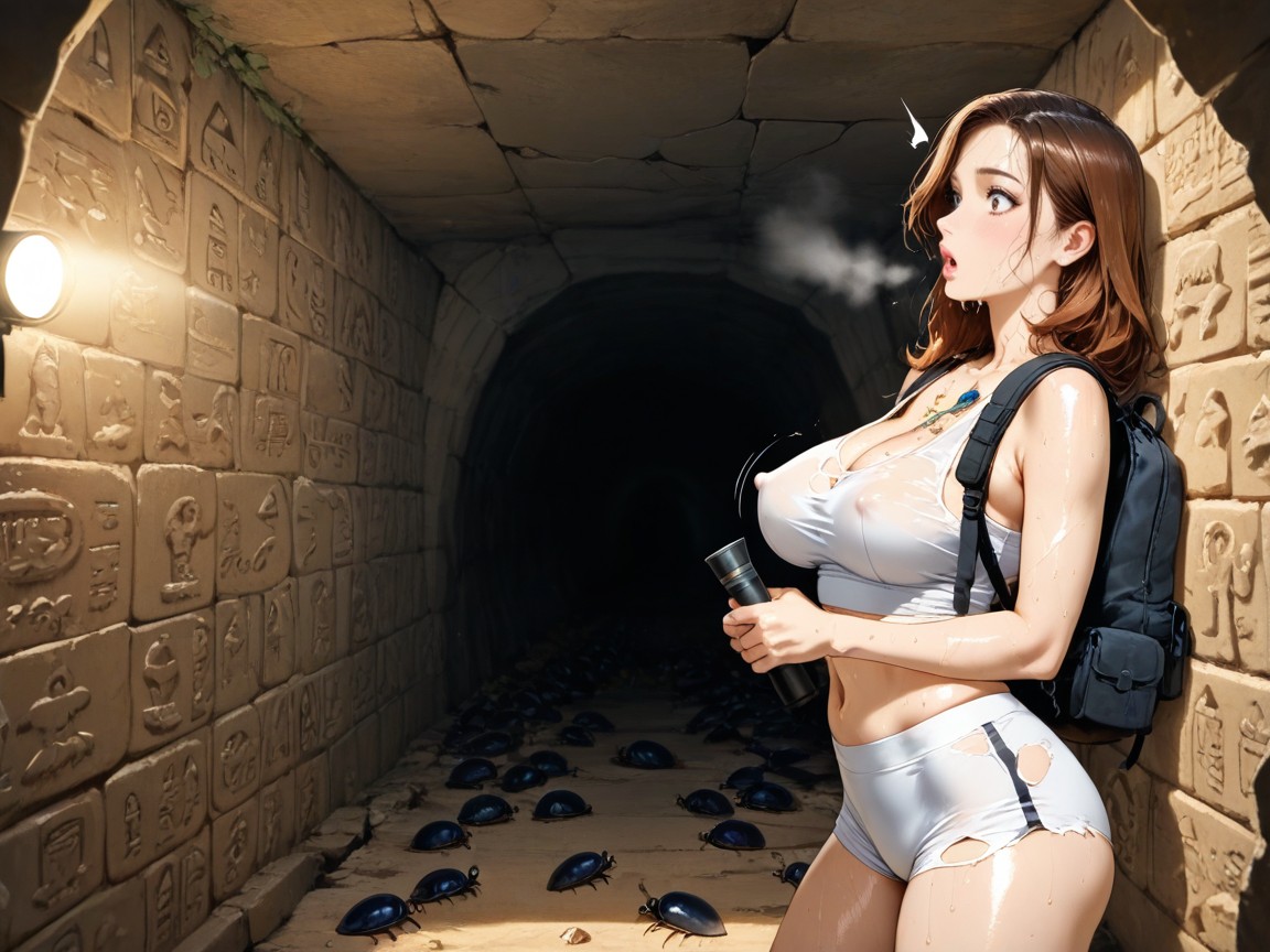 Hieroglyphics In Background, Medium Breast, Light Tan Cargo Hentai AI Porn