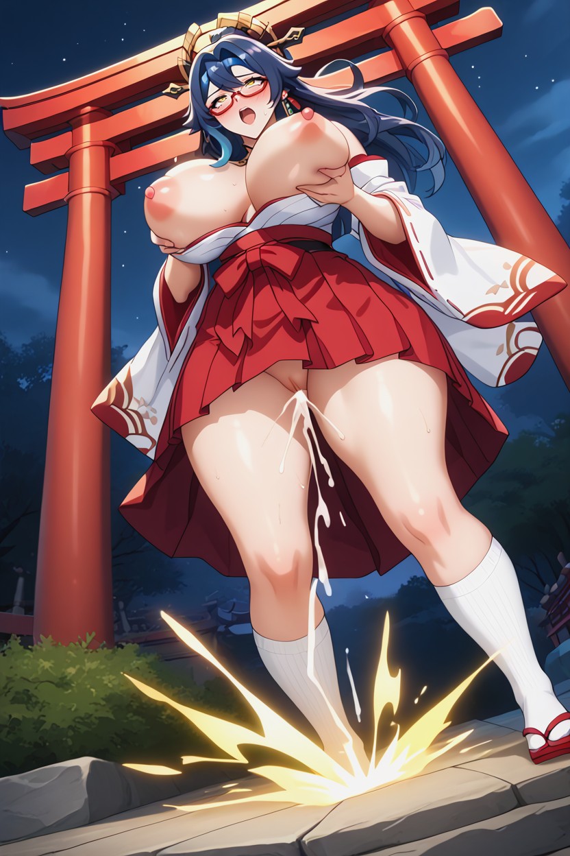 Night, Simple And Long Sleeved White Kimono, Long Deep Blue Hair With Subtle Turquoise Tones Hentai AI Porn