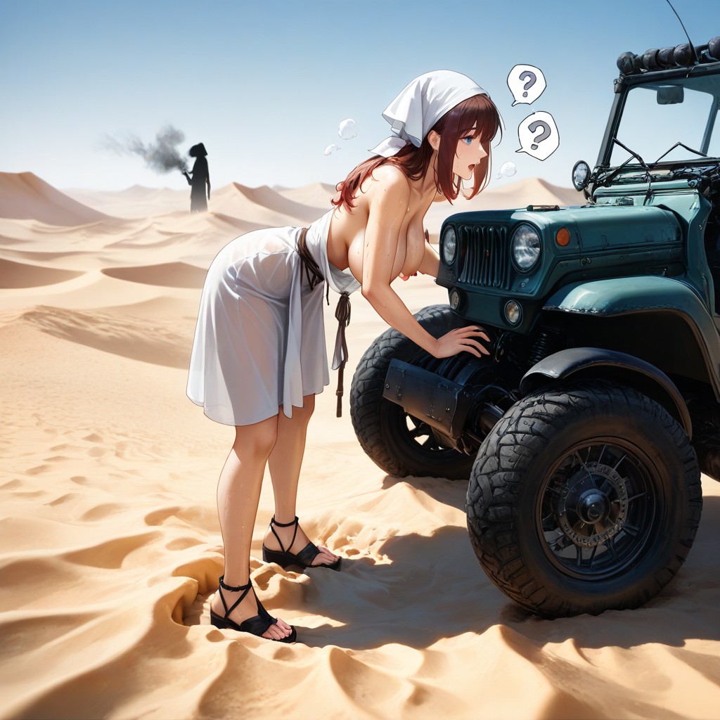 White Headscarf Tied With Black String, Standing, Looking At Engine Hentai AI Porn