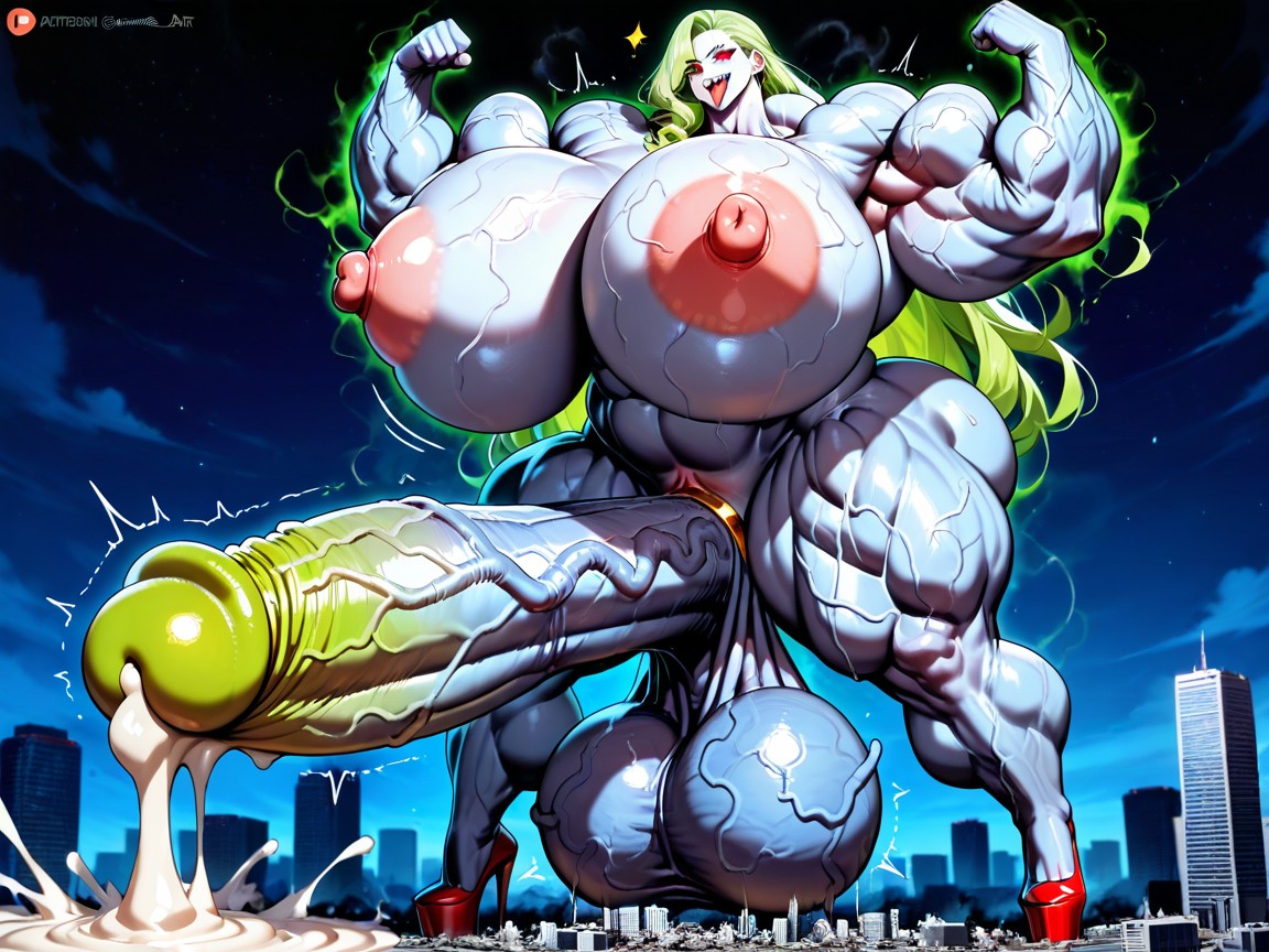 Face, Medium Length Lime Hair, Unrealistically Large Balls Hentai AI Porn
