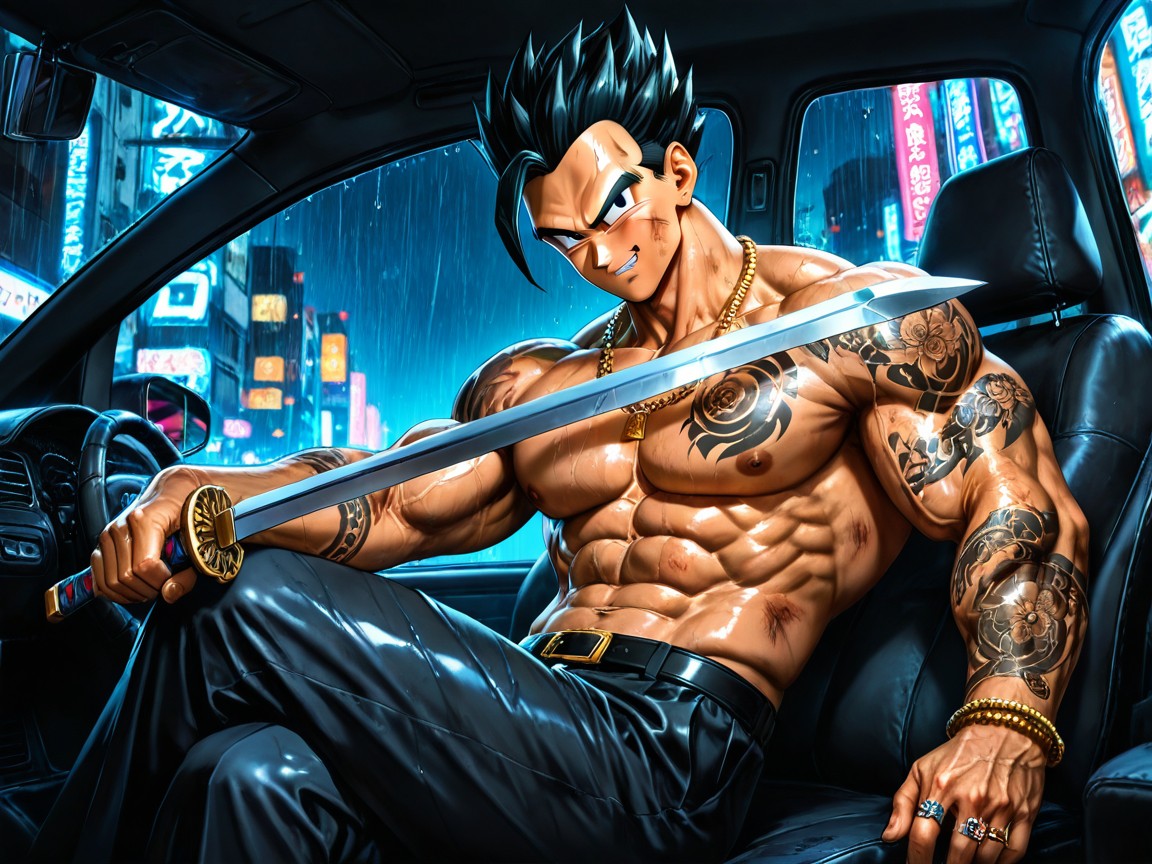 Male Has Japanese Yakuza Tattoos All Over Body, Serious Expressions, Gold Diamond Necklace Hentai AI Porn