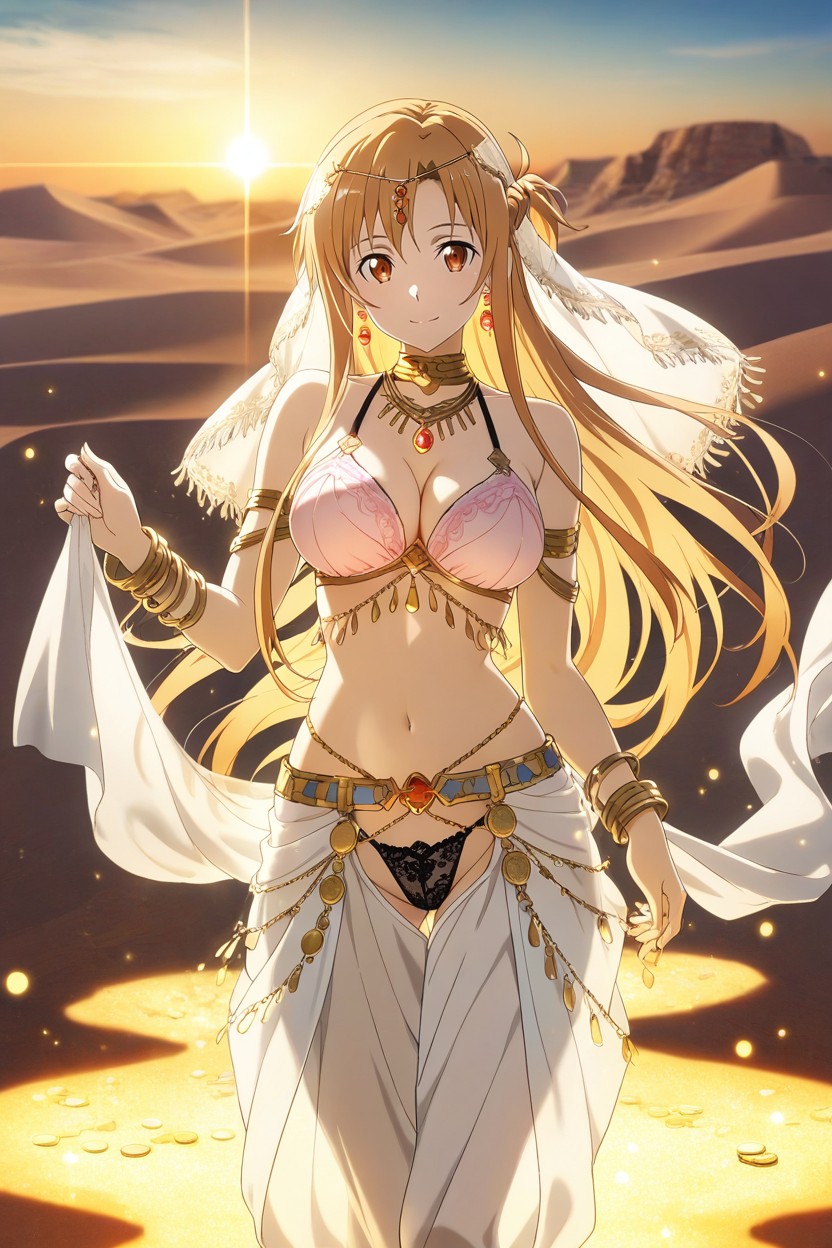 Soft Smile, Layered Golden Necklaces, Warm Sunset Light Hentai AI Porn