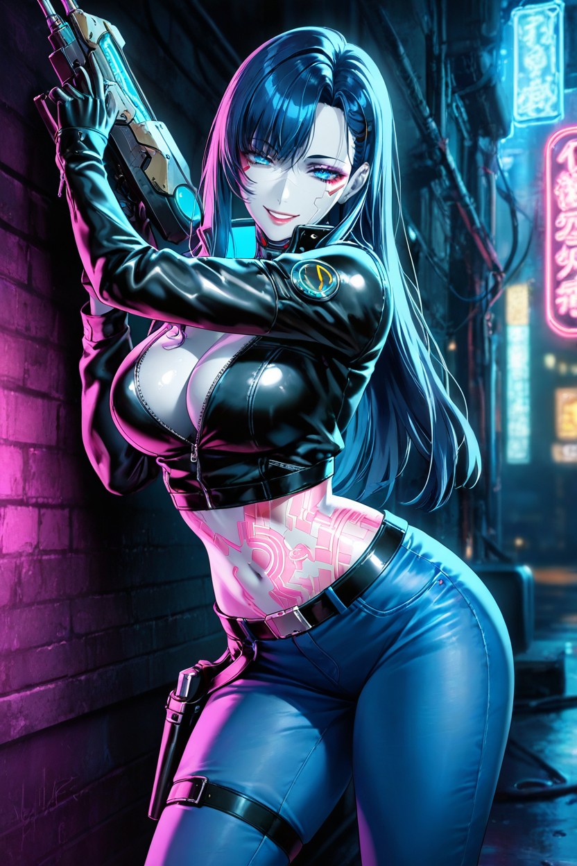 Holding Gun, Sunglasses, Cyber-silver Skin Hentai AI Porn