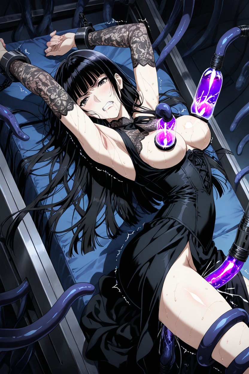 Black Ribbon Patterns Wrapping Arms And Upper Chest, Interlaced High Neckline Design, Arched Back Hentai AI Porn