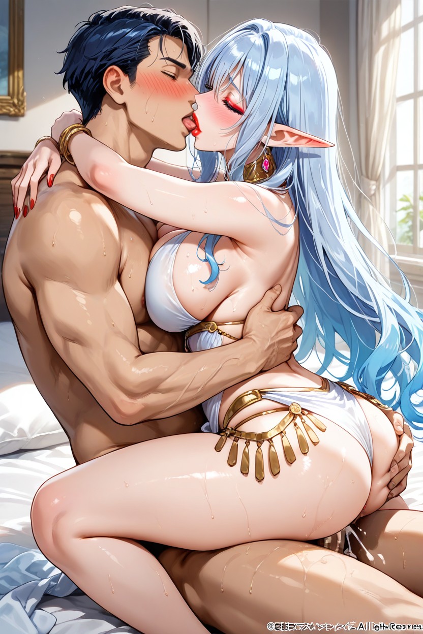 Blue Hair, Tongue Kissing, Hair Down Hentai AI Porn