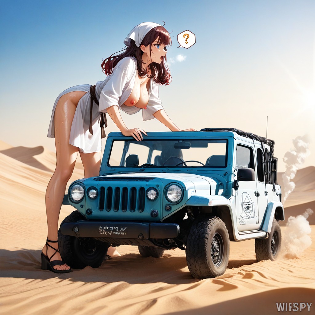 Hard Lighting, Standing In Front Of White Colored Open Top Jeep, Sand Dunes Hentai AI Porn