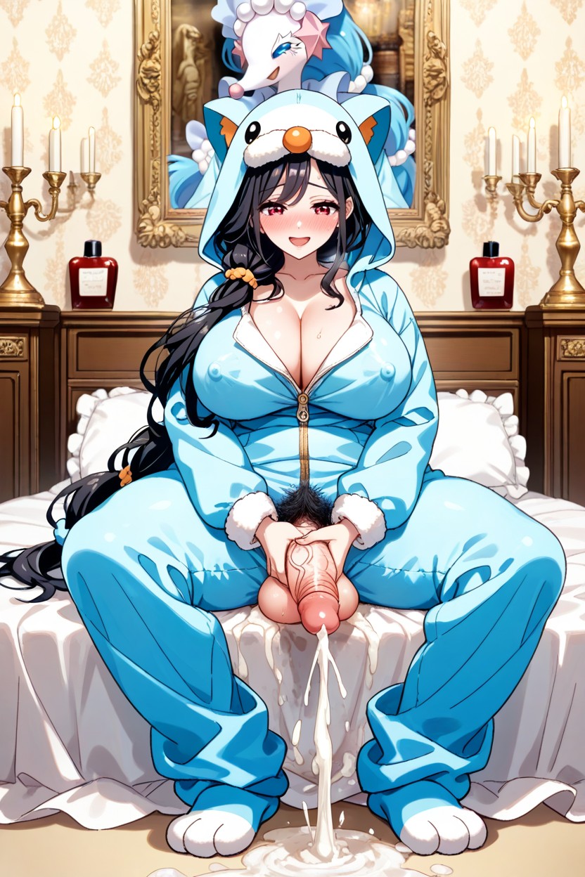 Sitting On Cream Silk Baldacchino Bed Edge, Feminine Body, Tissues Hentai AI Porn
