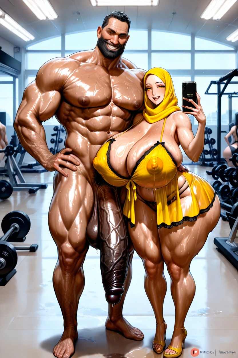 Penis Is Black, Gym, Wearing Yellow Colour Hijab Hentai AI Porn