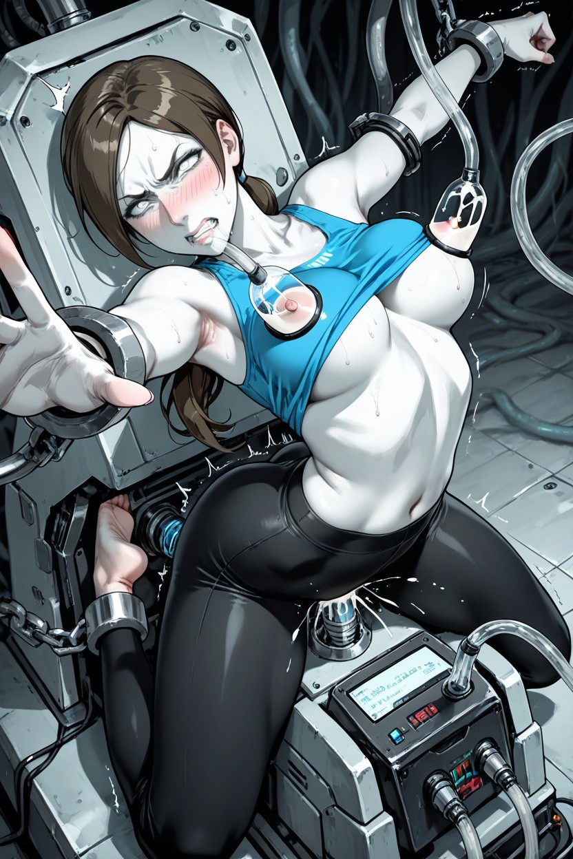Seductive Arched Back Pose, Sleeveless Athletic Top In Turquoise, Side Parted Hair Hentai AI Porn