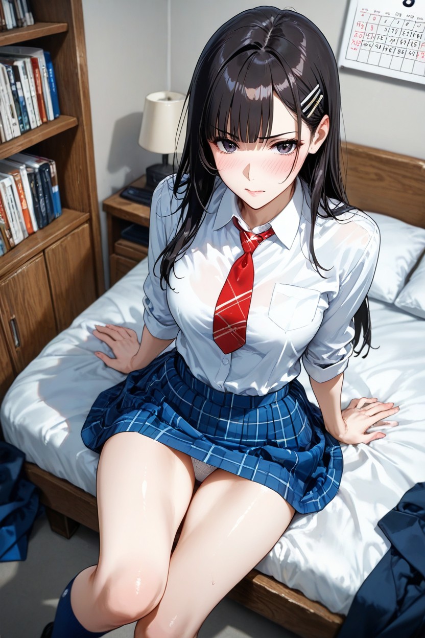 Straight Bangs, On The Bed, Perfect Face Hentai AI Porn