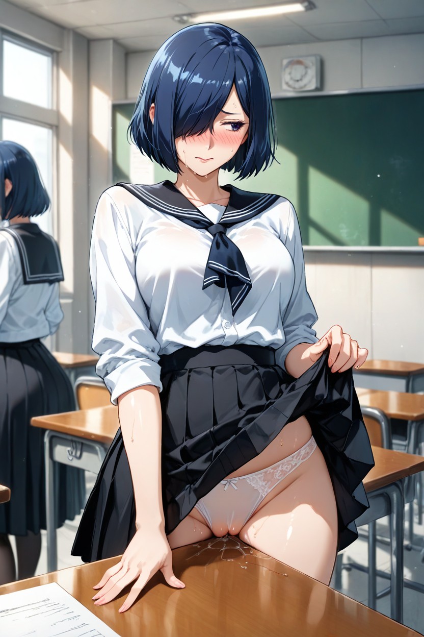 Right Eye Covered By Hair, Nose Blush, Looking Away Hentai IA