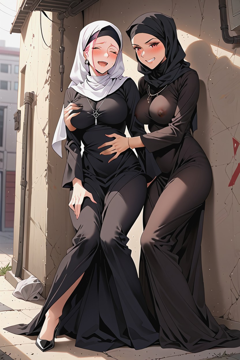 Both Fully Covered Up In Garment Showing No Skin, Grabbing Boobs, Groping Breasts From Behind Hentai AI Porn