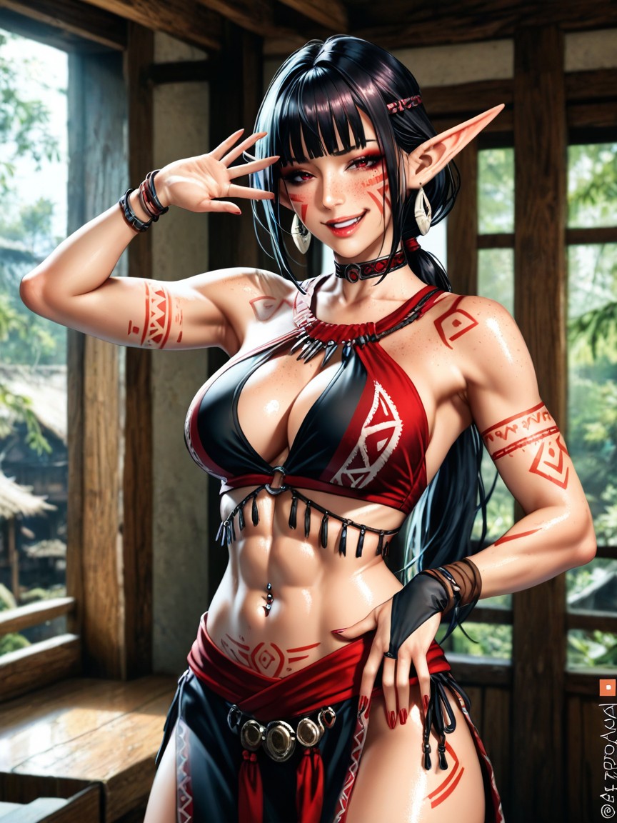 Dark Red Accessories, Model Pose, Pale Freckeld Skin Hentai AI Porn