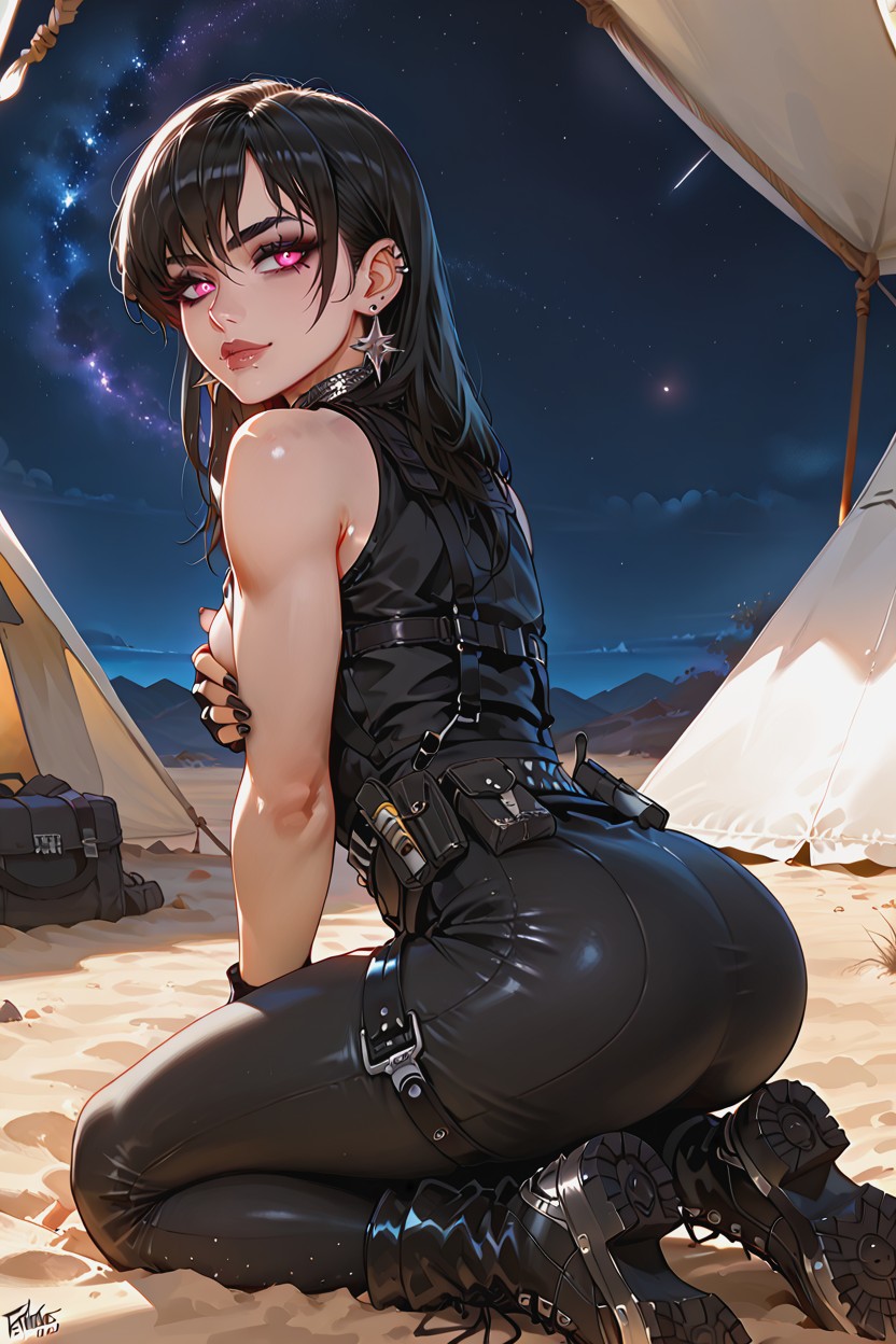 Black Body Suit, De Rodillas, Bags Under Eyes Hentai IA