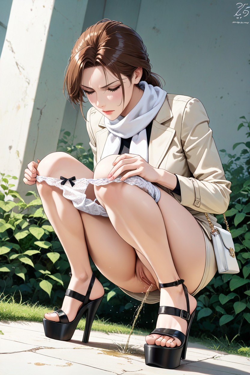 In A Half-squat, Slightly Layered, Light Outlines Body Shapes Hentai IA