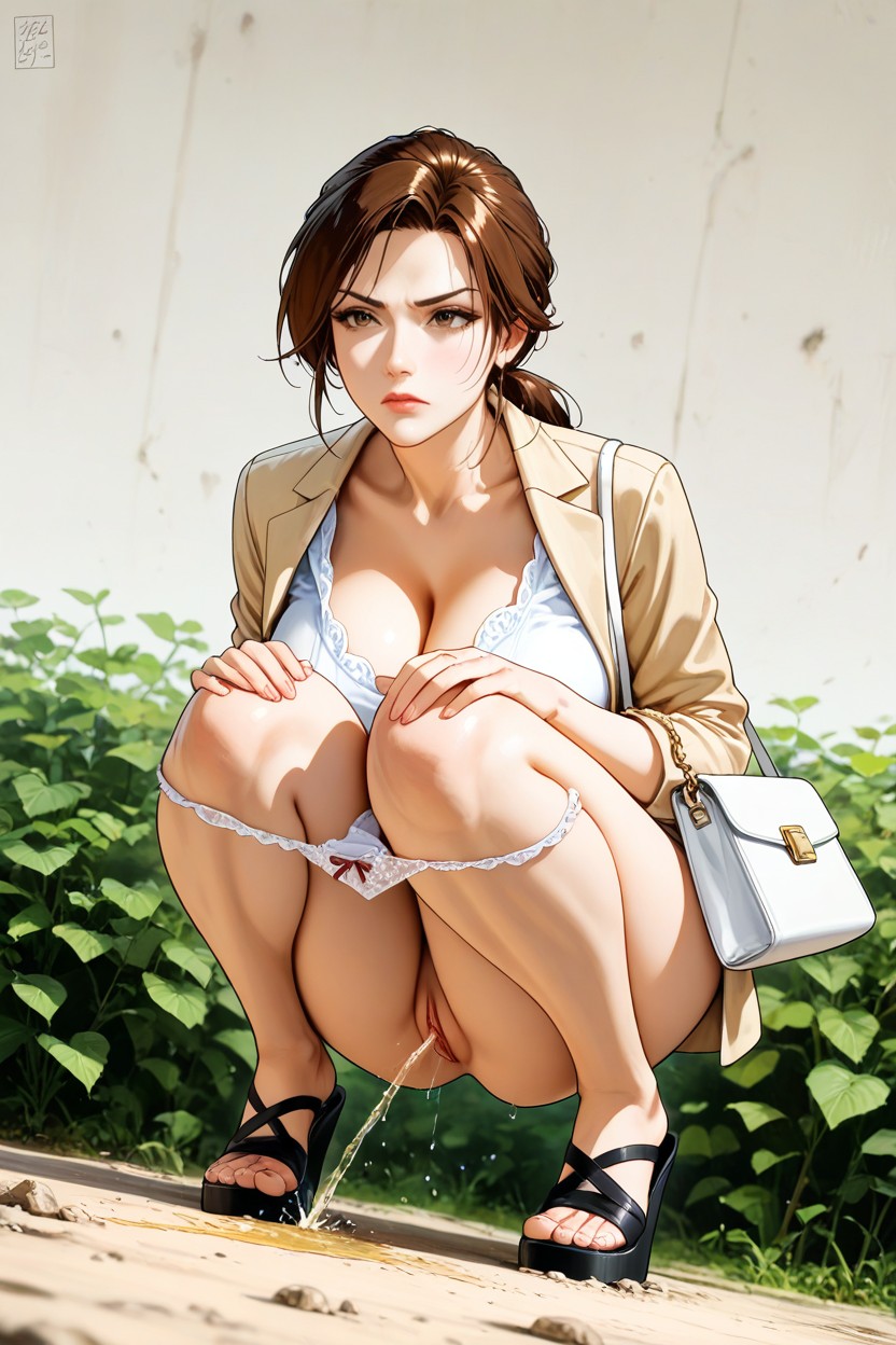Beige Coat Wrapping, White Handbag Laying On Knees, Knees Together Feet Apart Hentai AI Porn