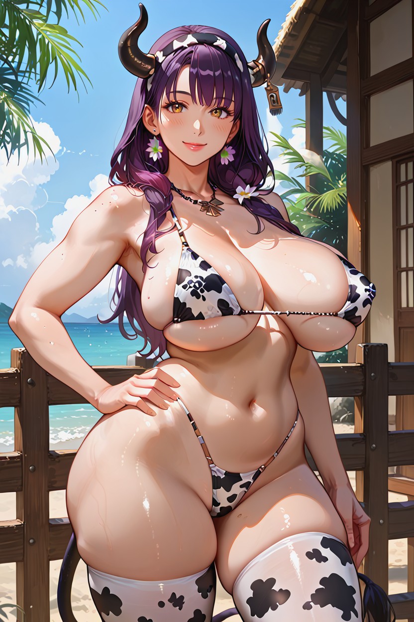One Hand On Her Hip, Large Expressive Golden Eyes, Detailed Fabric Texture On The Print Bikini Hentai AI Porn