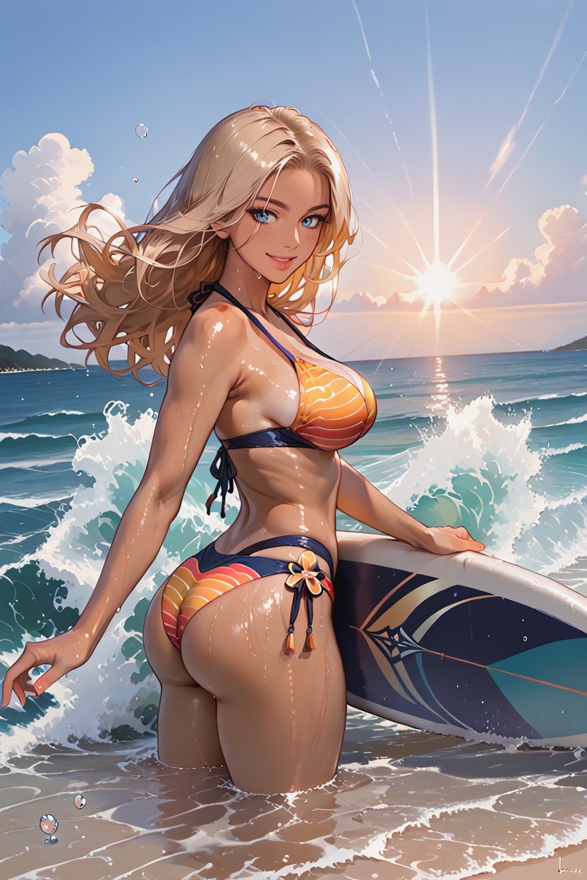A Stunning Hawaii Surfer Riding A Powerful Ocean Wave At Sunset, Bright Blue Eyes, Sparkling Ocean Water Hentai AI Porn