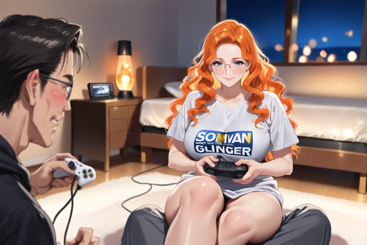 Sitting On Fluffy Rug, High Contrast, Holding Game Controller Hentai AI Porn