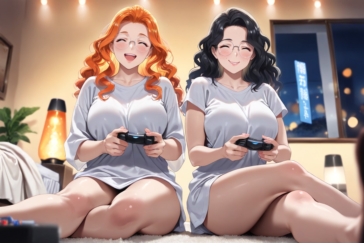 Ultra-detailed, 2 People, Woman Wears Large White Sleeveless T-shirt Hentai AI Porn