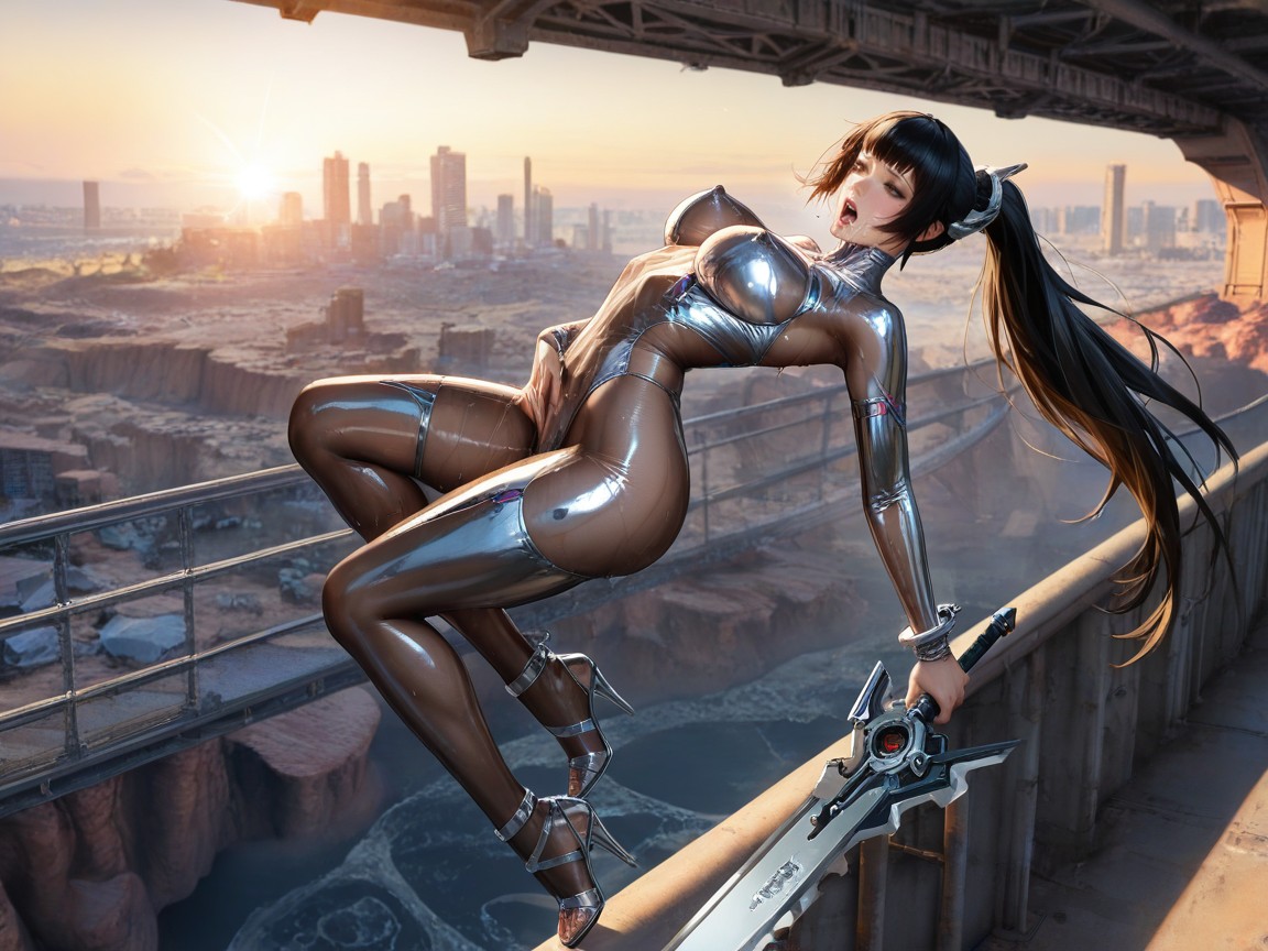 Hyung-tae Kim Art, Ornate Futuristic Intricate Brown Transparent Combat Bodystocking, Silver Wrist And Ankle Handcuffs Hentai IA