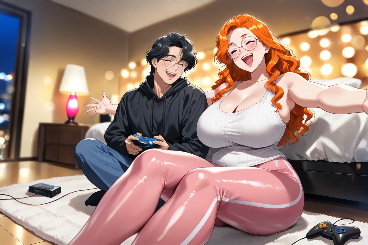 Man Wears Black Hoodie, Retro Gaming Console Stands Between Man And Woman, Highres Hentai IA