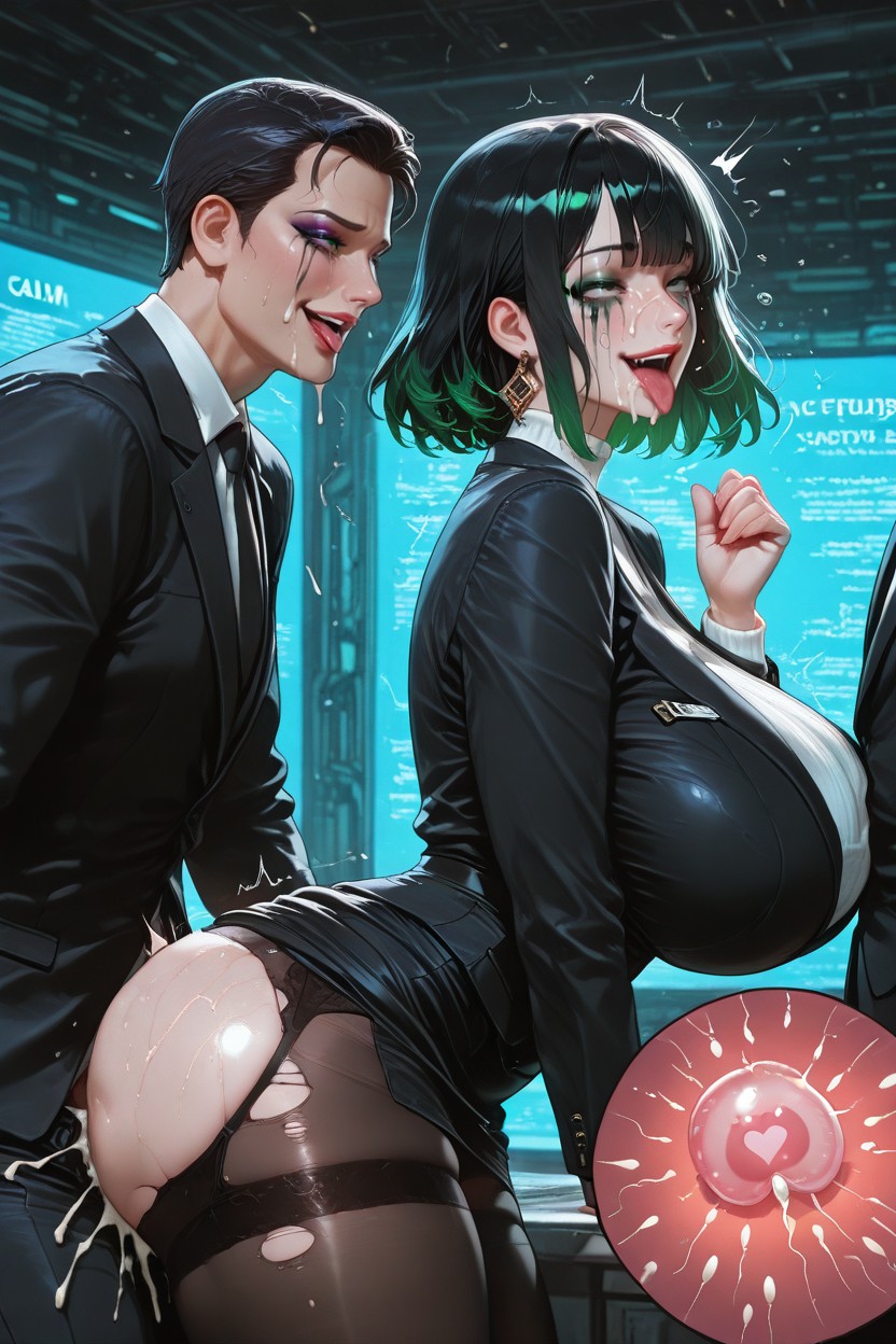Rational Evil Black Green Two Tone Hair, Cold Metallic Tones, Modern Brutalist Interior Hentai AI Porn