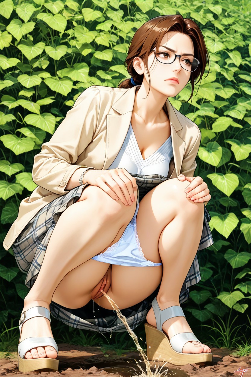 Gets Up From A Squatting Position, Knees Together Feet Apart, Urine Dripping Down Hentai AI Porn