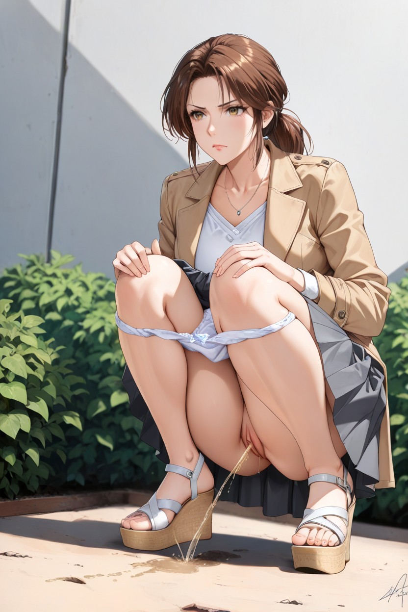 Outdoors Night Park, Wearing Back Skirt Under Topping Coat, Wedge Sandals Hentai AI Porn