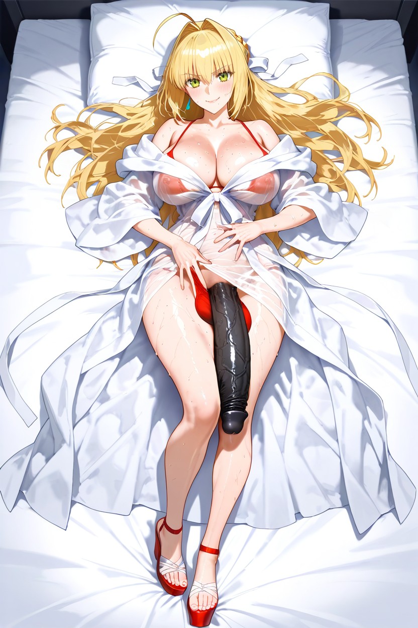 Futanari, Dakimakura Style, White Off-the-shoulder Robe Draped Over A Red Bikini Hentai AI Porn