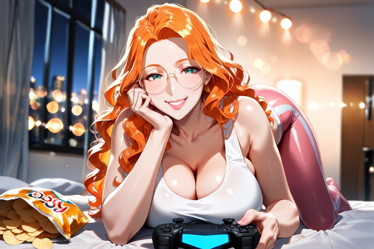 Ultradetailed, Woman Wears Large White Tank Top, Bokeh Hentai AI Porn