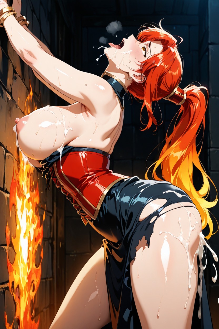 Fitted Bodice, Long Flowing Black Skirt With Gold Flame-like Designs, Loosing Her Mind Hentai AI Porn