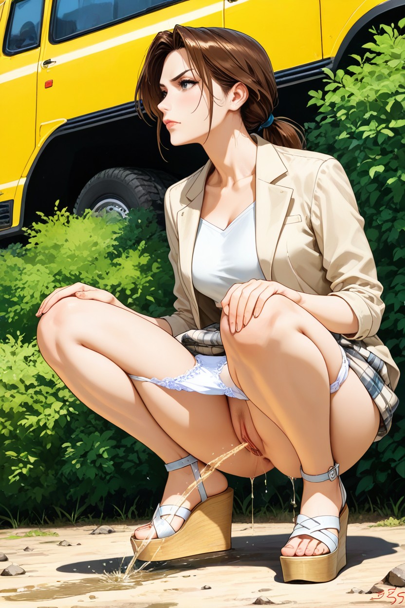 Hem Hangs Between Knees, Stoop Down, Topping Amazing Dress Covering Hentai IA